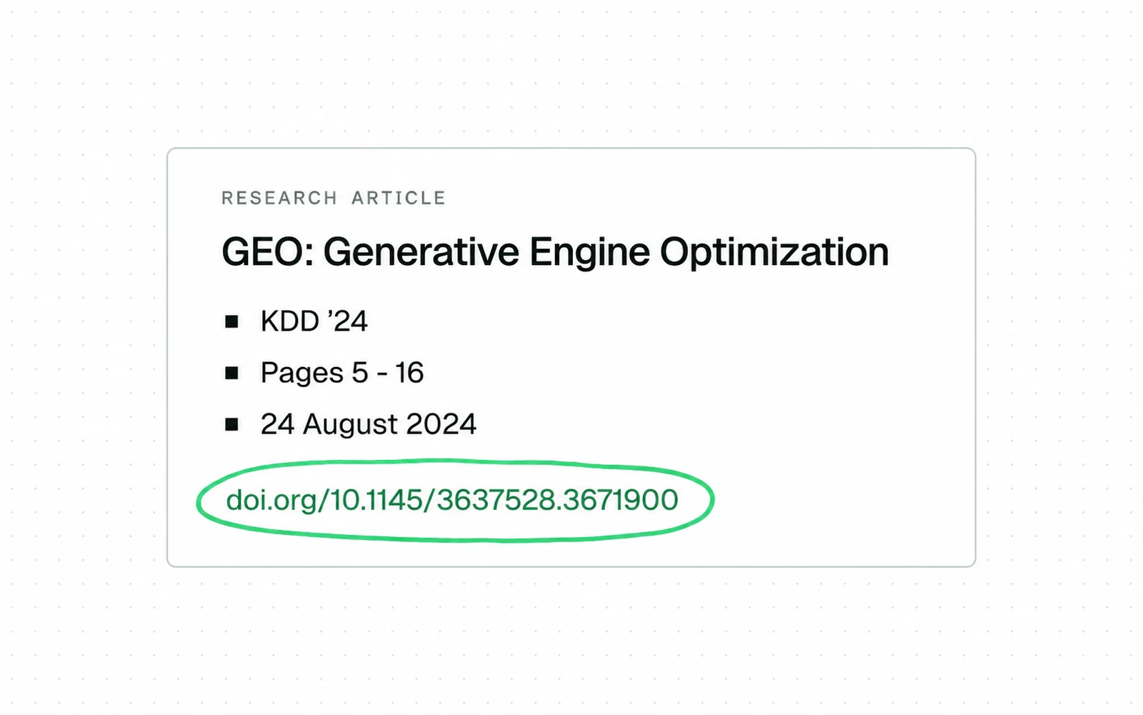 Drawing: The GEO paper's version of record is a peer-reviewed KDD '24 research article with a DOI, published 24 August 2024.
