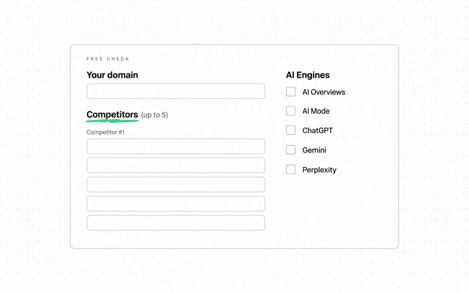 Drawing: In SE Ranking's free check you type in up to five competitors yourself, so you choose the comparison set and the tool does not discover it.