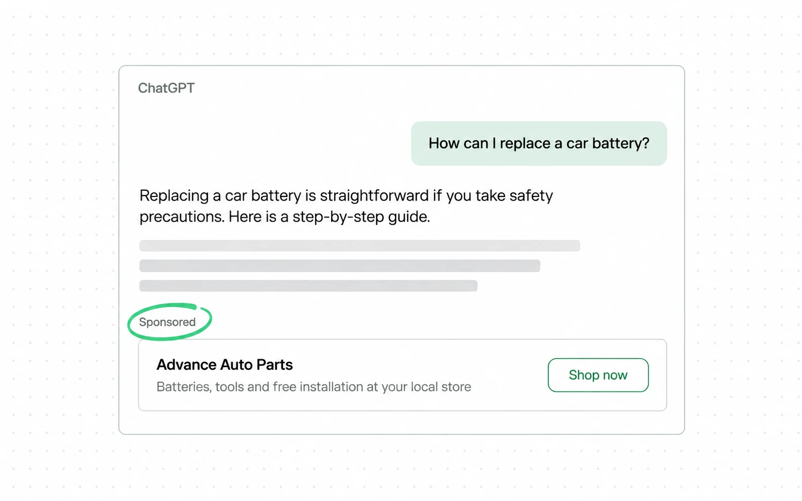A sponsored card sits inside the ChatGPT thread, below the answer, under a Sponsored label.