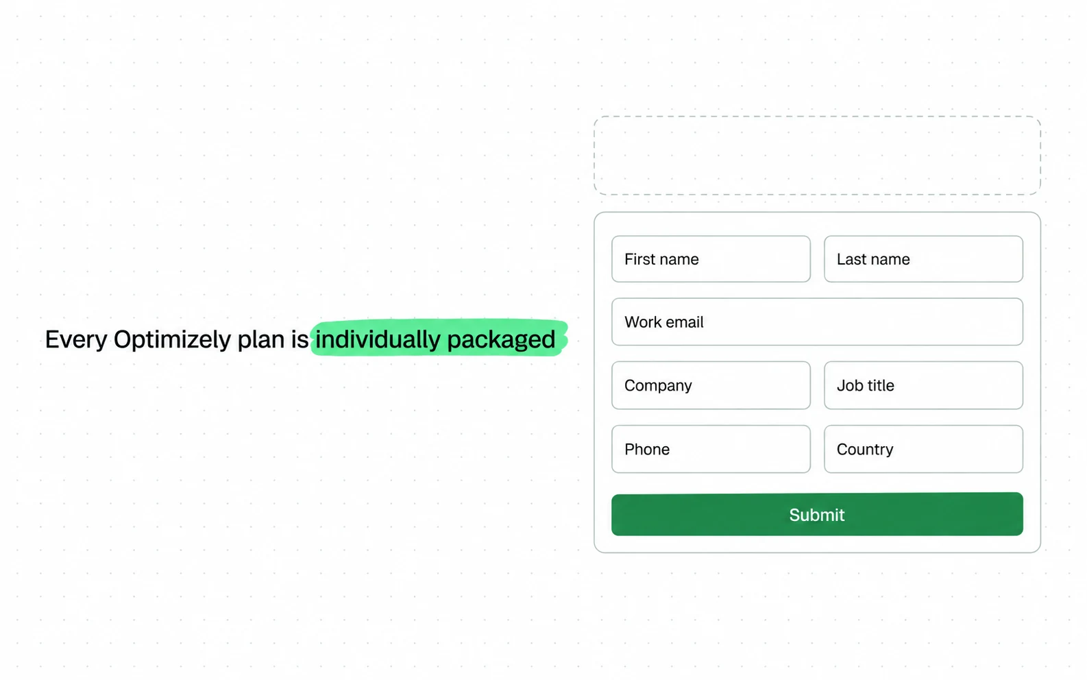 Optimizely's pricing page is a contact form: every plan is individually packaged, and the fields come before any number.