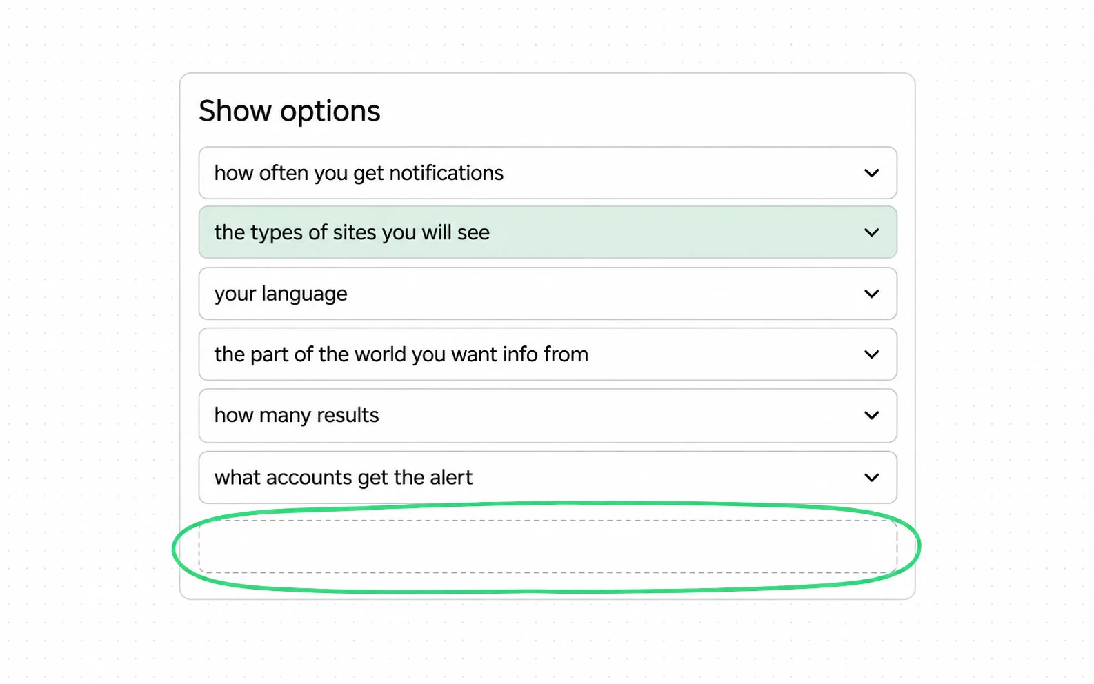Google names six settings for an alert, and every one of them filters an index down; there is no setting that adds a surface such as an answer.