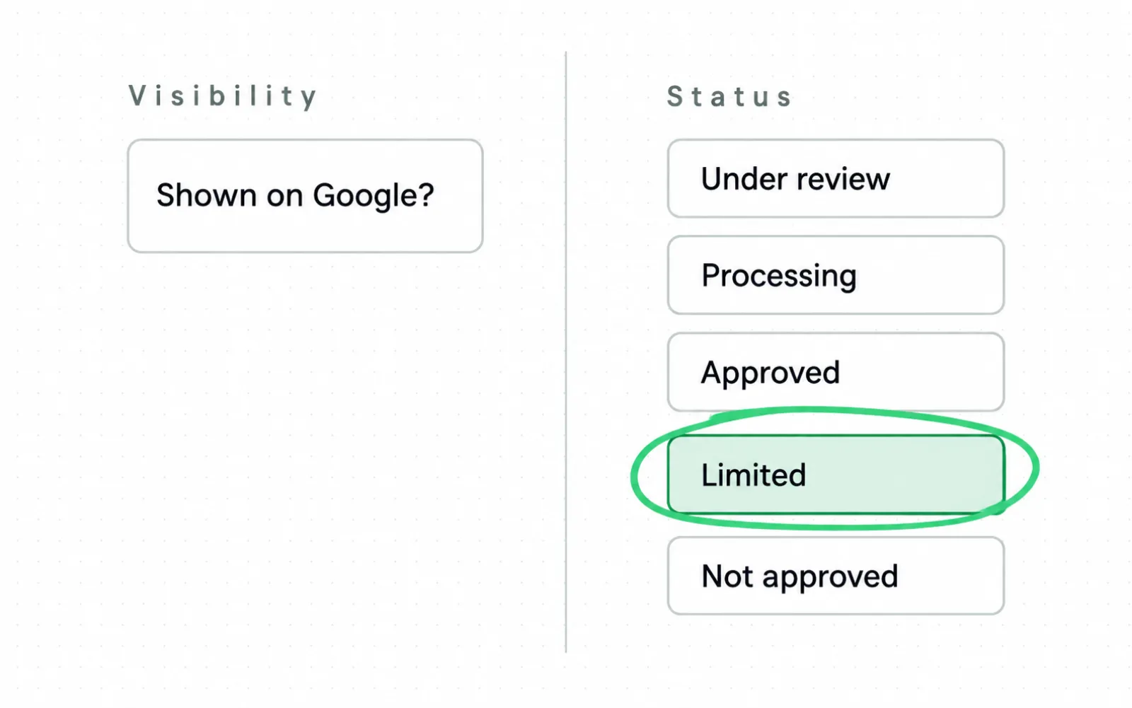 Two columns. Visibility asks whether the product is shown on Google. Status lists five values: under review, processing, approved, limited, which is circled, and not approved.