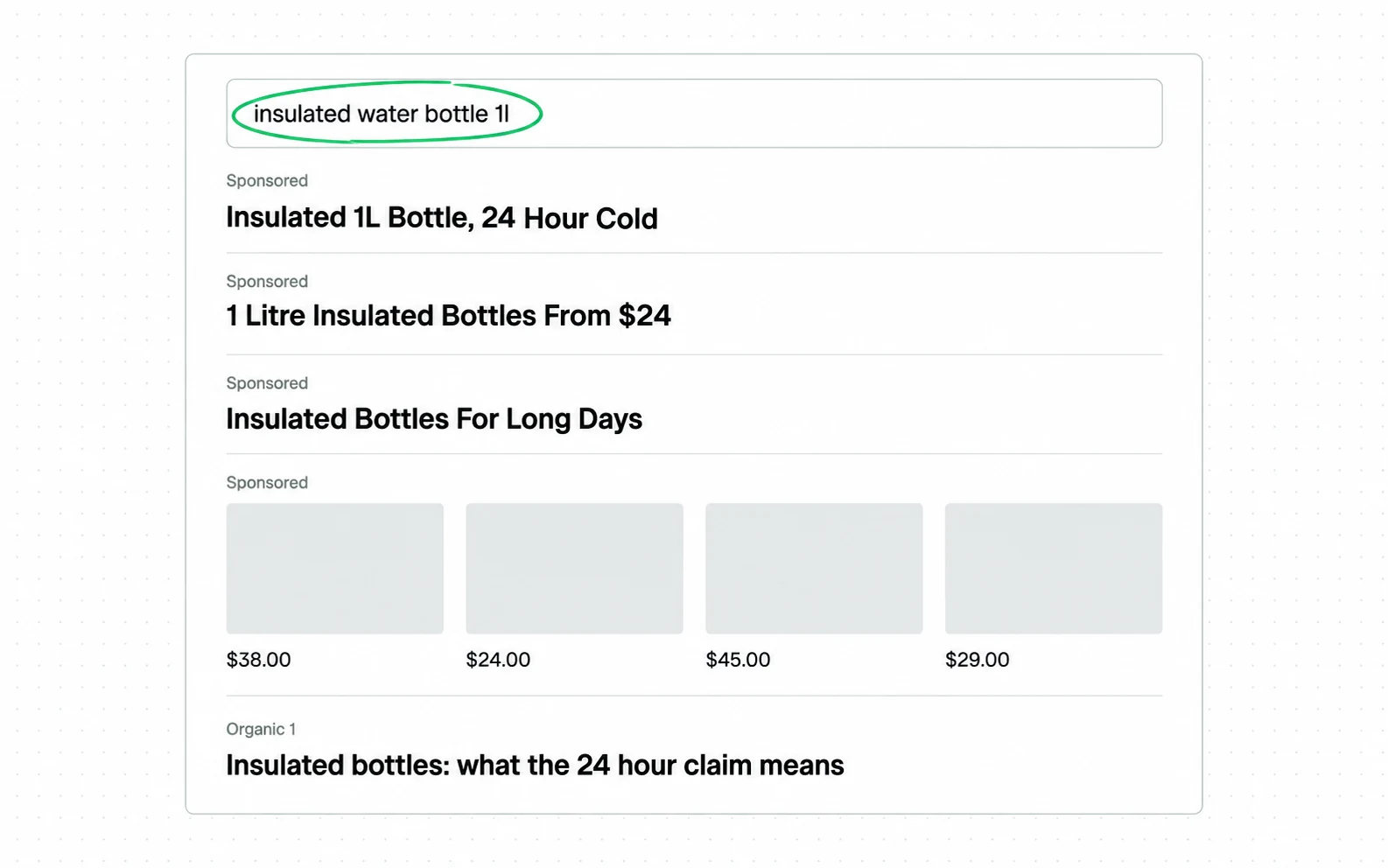The ads above the organic links are what one auction produced for one search, in the order the searcher meets them; no position was bought outright.