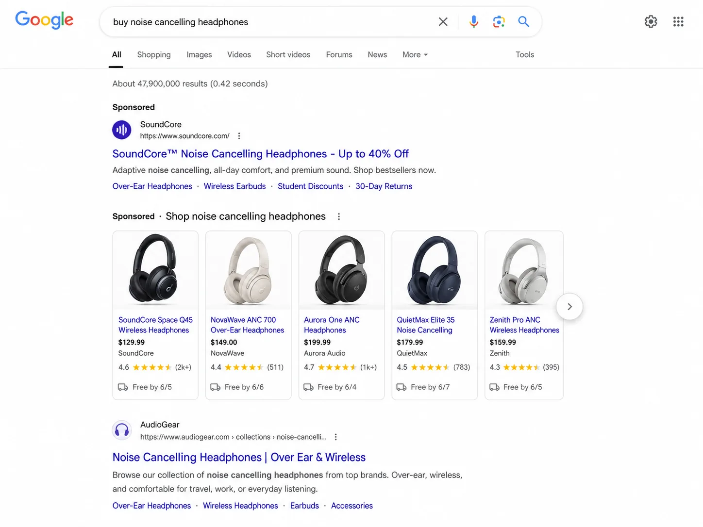A sponsored Google search result
