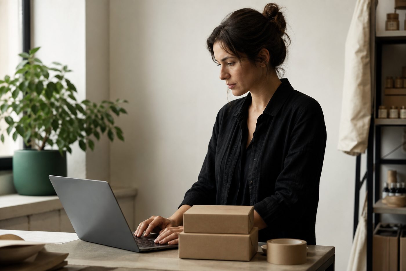 A shop owner working at a laptop beside two parcels ready to send.