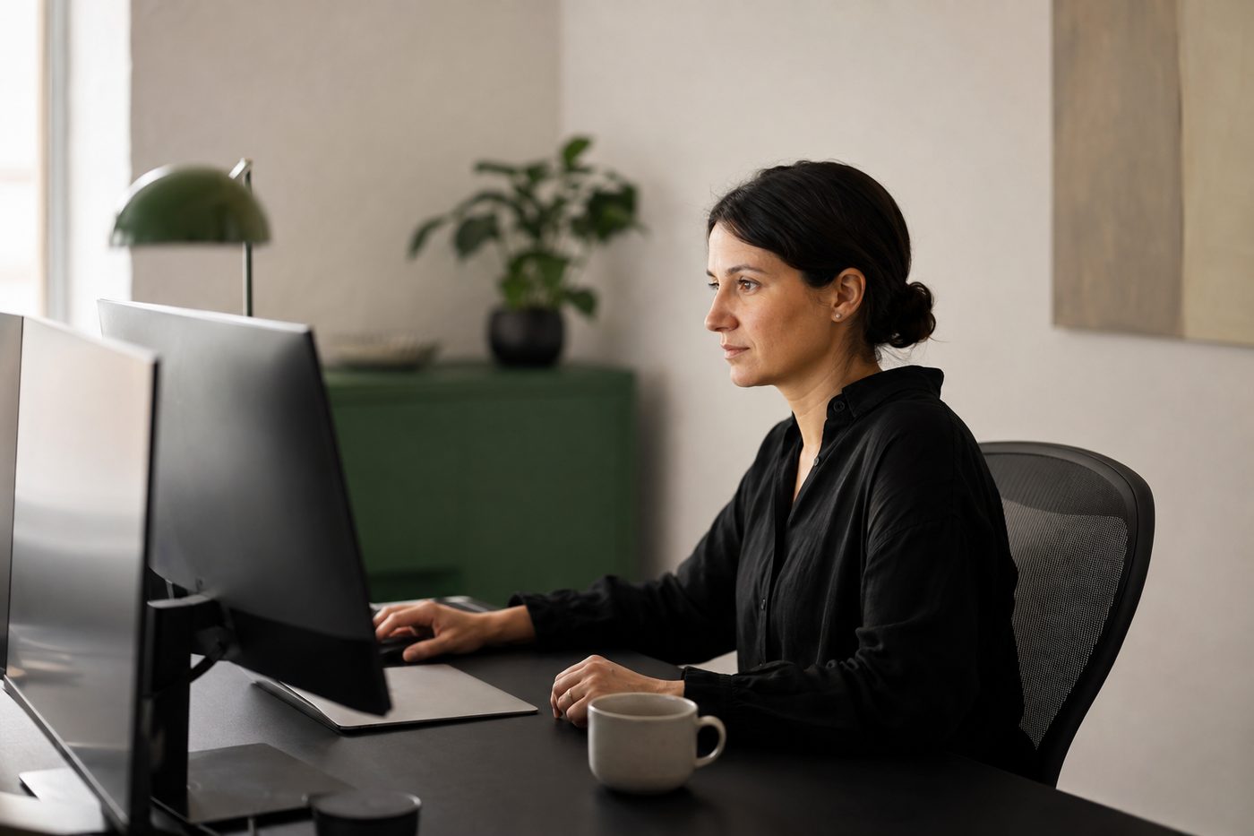 A strategist at a desk, working across two screens.