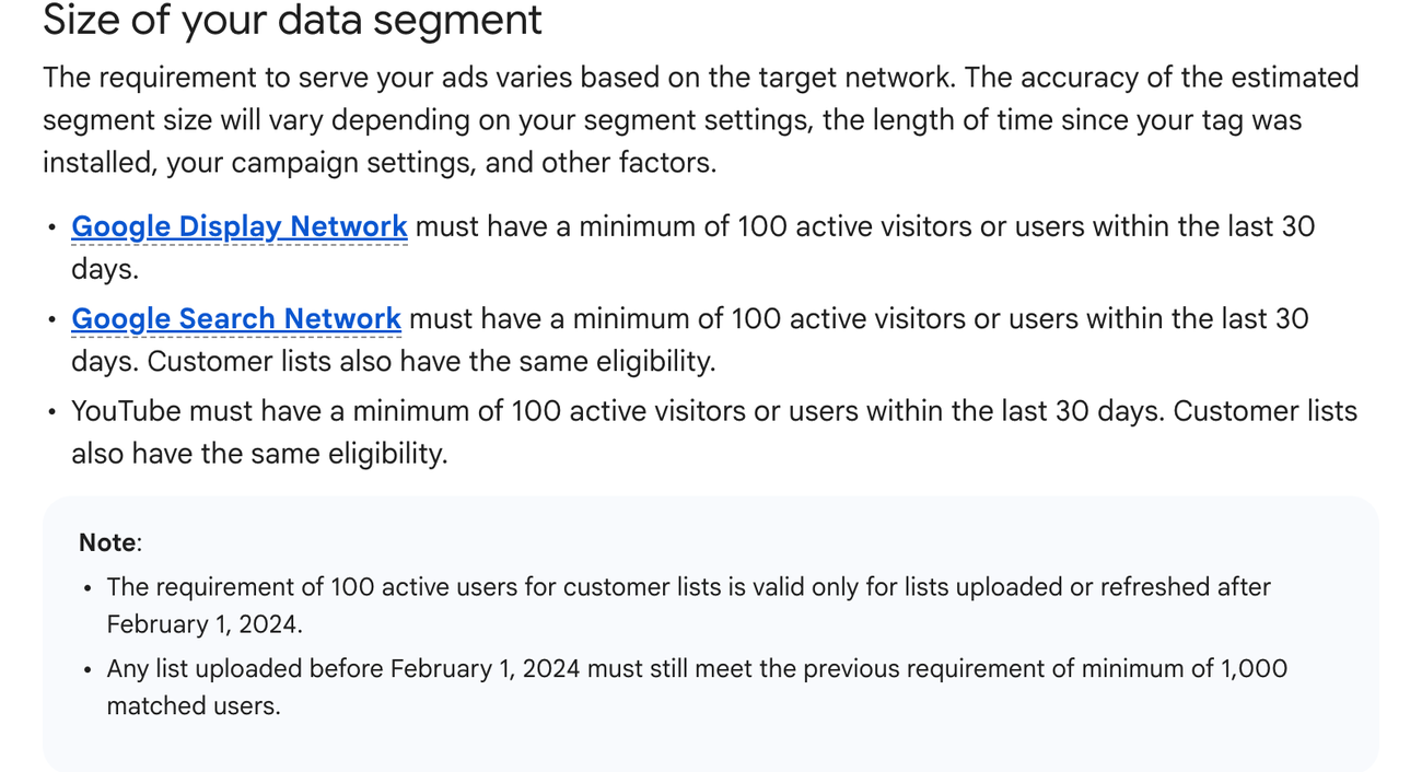 Google Ads Help table showing a minimum of 100 active users in the previous 30 days for Display, Search, and YouTube data segments, with a note about the customer-list policy change on 1 February 2024