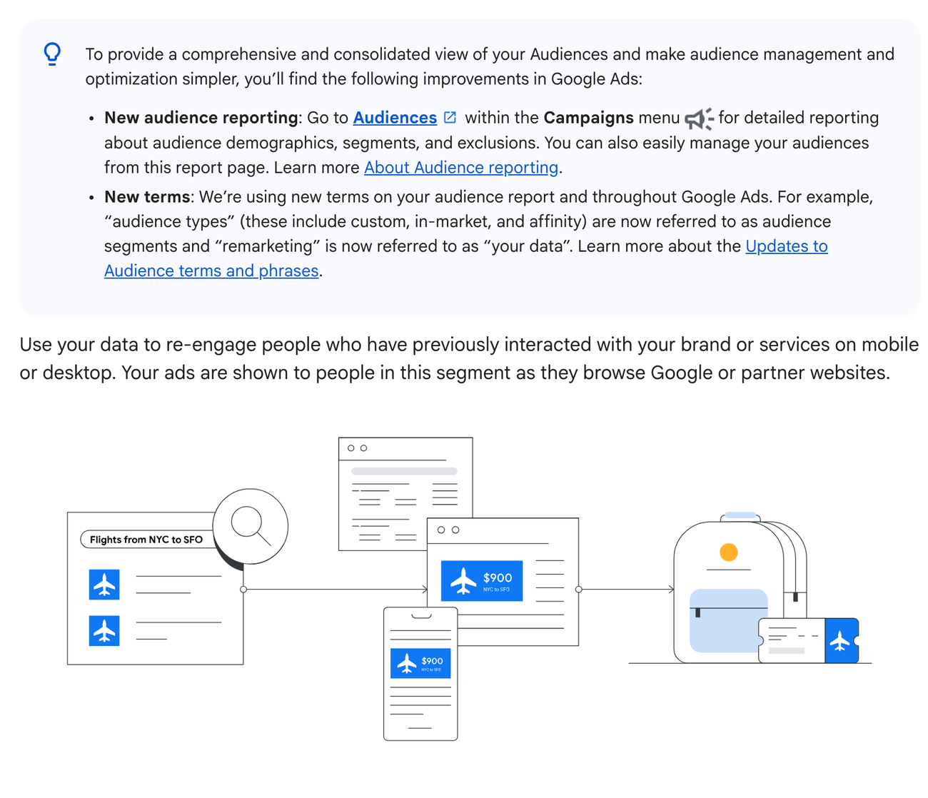 Google Ads Help page showing the new audience terminology box, including the change from remarketing to your data, followed by an audience reporting diagram