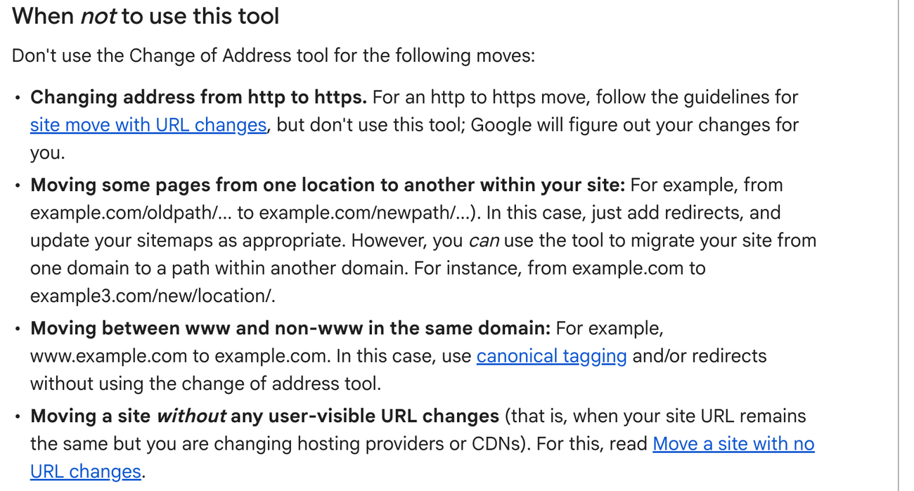 Search Console Help page listing four moves where the Change of Address tool should not be used