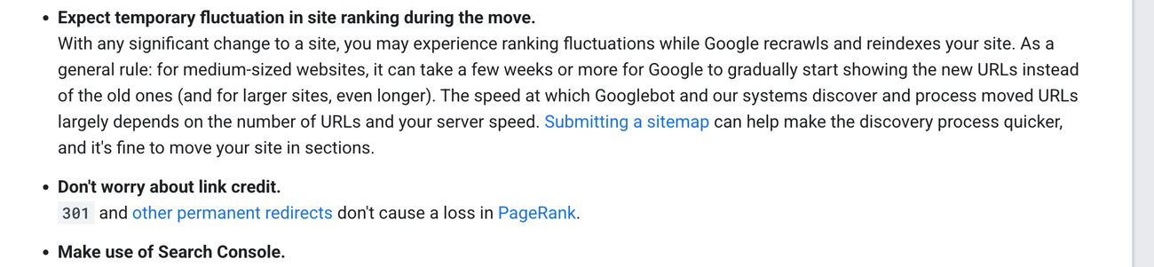 Google Search Central documentation showing two bullets from the site move best practices: expect temporary ranking fluctuation, and permanent redirects do not cost link credit